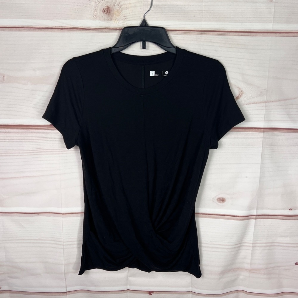 Xersion Top Women S Black Short Sleeve T-Shirt Twist Front Round Neck Solid Knit